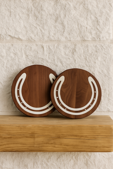 Two handmade walnut charcuterie boards with white epoxy horseshoe inlays displayed on a natural wood mantel against a textured stone wall - custom polo award plaques by The Golden Pony