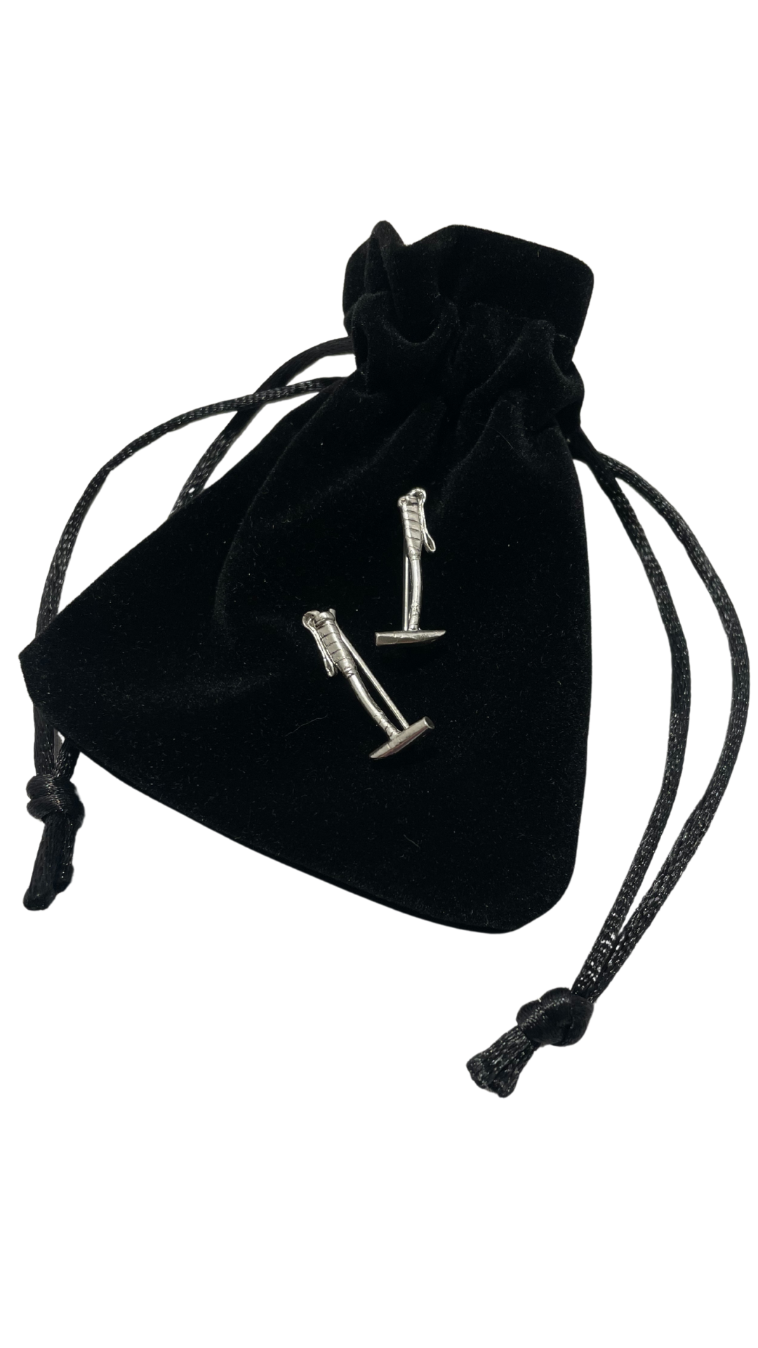 Sterling silver polo mallet earring climbers displayed on a black velvet drawstring pouch — ready-to-gift equestrian jewelry for polo players.